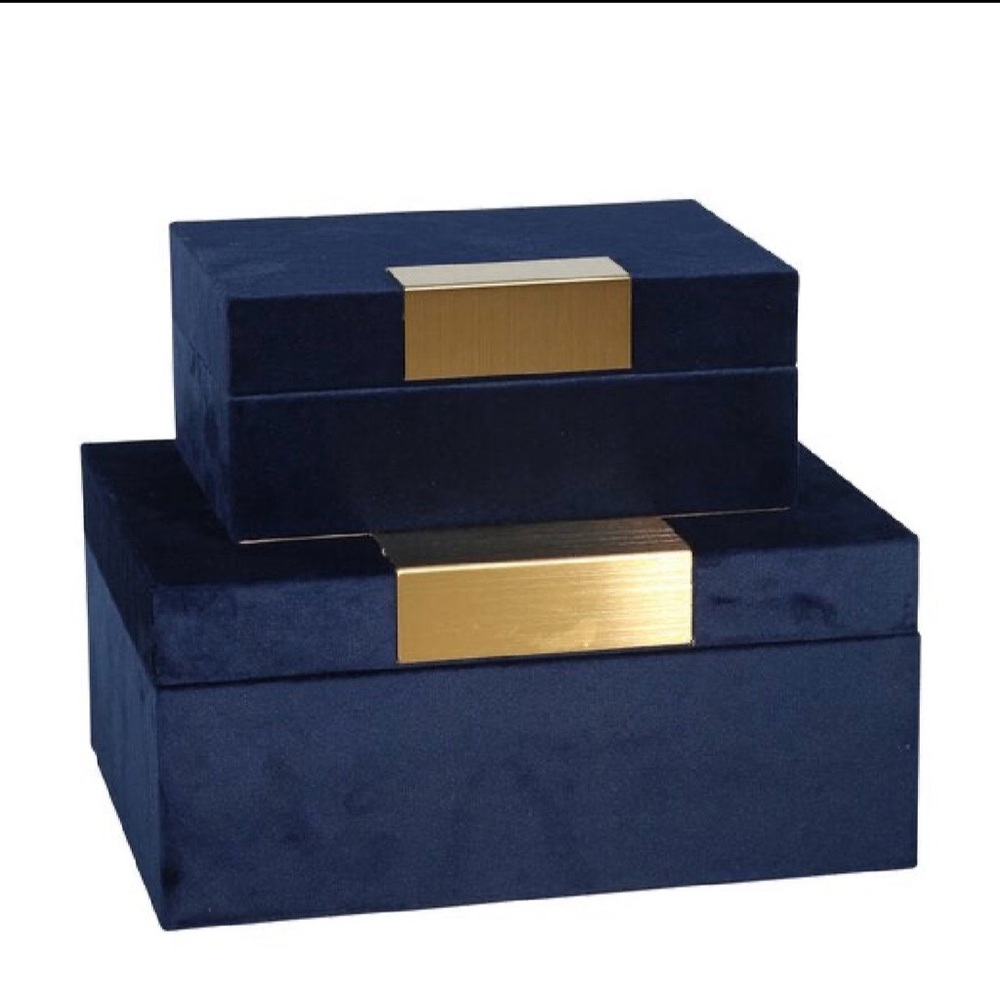 Navy Velvet Decorative Storage Box Set with Gold Accent